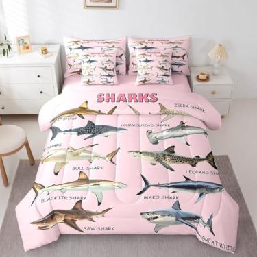 Imagem de Erosebridal Jogo de cama solteiro com estampa de tubarão, animais de tubarão, 7 peças, vida marinha selvagem em uma bolsa, moderno, simples, rosa com edredom e decoração de verão, fronhas com tema de