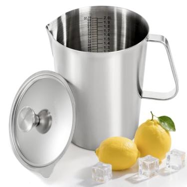 Imagem de Noamus Jarra de aço inoxidável com tampa, copo medidor de metal 304 com marcação e alça, copos graduados de boca grande, jarro de espuma de leite, jarro de água para café com leite, máquina de arte