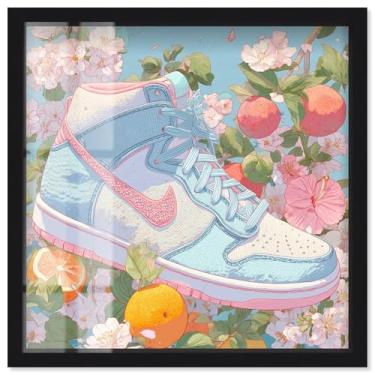 Imagem de Tênis Lost Floral and Fruits II Shadowbox Print Pink Fashion Art por Art Remedy, moldura preta, 50 x 50 cm