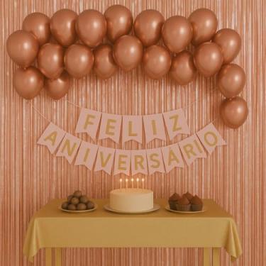 Imagem de Kit Feliz Aniversário Decoração Com Balão Metalizado Faixa Cortina e Fita 5m (Rose Gold)