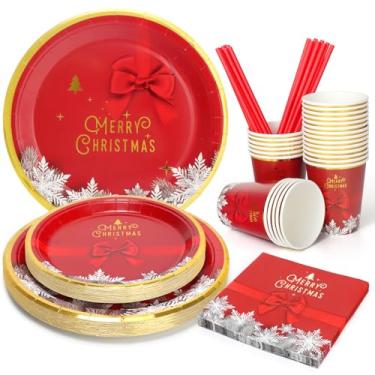 Imagem de UVTQSSP Conjuntos de pratos, copos e guardanapos de Natal, suprimentos de festa, pratos e guardanapos de papel de floco de neve vermelho Feliz Natal, conjunto de louça descartável, serve para 25