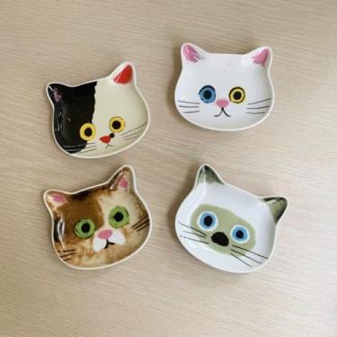 Imagem de YIKEMU Pratos de imersão de cerâmica, rosto de gato, mini miau, utensílios de mesa para temperar, óleo, vinagre, ketchup, wasabi, cozinha, churrasco, festa, estilo japonês (pequeno, C-4 peças)