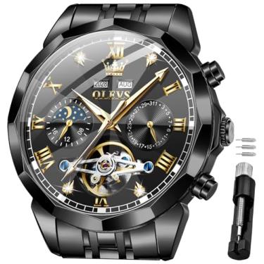 Imagem de OLEVS Relógios de pulso masculinos automáticos mecânicos luxuosos, mostrador grande, turbilhão, esqueleto, luminoso, G6620: pulseira preta e mostrador preto, Presente de festa clássico casual de luxo