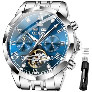 Imagem de OLEVS Relógios de pulso masculinos automáticos mecânicos luxuosos, mostrador grande, turbilhão, esqueleto, luminoso, G6620: pulseira prata e mostrador azul, Presente de festa clássico casual de luxo