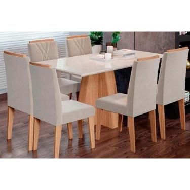 Imagem de Conjunto: Mesa De Cozinha Maitê Tampo Madeirado C- Vidro Canto Curvo 160x80cm E 6 Cadeiras Nicole Savana-nature-suede Nude Bege - Cimol
