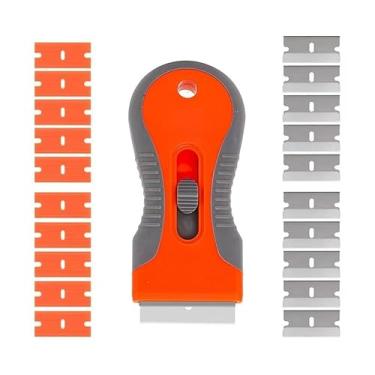 Imagem de Raspador de lâmina de barbear com 10 lâminas de metal extras e 10 peças de lâminas de plástico, lâmina de barbear retrátil, ferramenta de limpeza, ferramenta de decapagem de tinta, fogão, raspador de