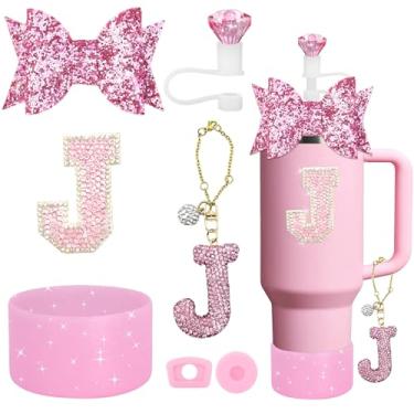 Imagem de YesMvpMvp Conjunto de acessórios de copo Stanley de 7 peças, pingente de letra para copos Stanley, incluindo canudo de diamante, canudo de laço, bota de silicone brilhante para Owala 850 g e 1,134 g