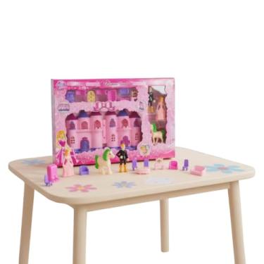 Imagem de Castelo de Rosa com Príncipe, Princesa e Cavalinho, Plástico Atóxico, 14x22cm, Móveis e Acessórios, para Crianças Acima de 3 Anos