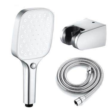 Imagem de Chuveiro portátil, cabeça de chuveiro ABS de 3 funções, conjunto de chuveiro de alta pressão com mangueira de chuveiro de aço inoxidável, cromado + branco