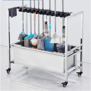 Imagem de JYXYXSCP Suporte móvel para esfregão de chão, suporte de esfregão para vassoura, ferramentas de limpeza, aço inoxidável, com ranhuras e ganchos, design de roda de 360° (100,5 cm 20 reboque 24 ganchos)