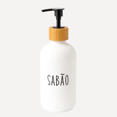 Imagem de Porta Sabão Líquido 500ml em Poliestireno com Detalhe em Bambu – Dispenser Branco Fosco Refil para Banheiro, Lavabo, Cozinha e Área Gourmet