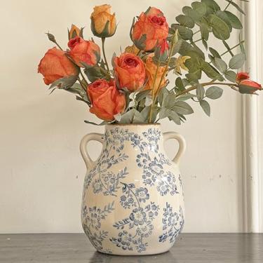 Imagem de Vaso de cerâmica vintage, vaso decorativo floral chinoiserie azul e branco, rústico, retrô, grande, com acabamento rachado, vasos com alça para flores, decoração de casa, sala de estar, azul-02, 20,6