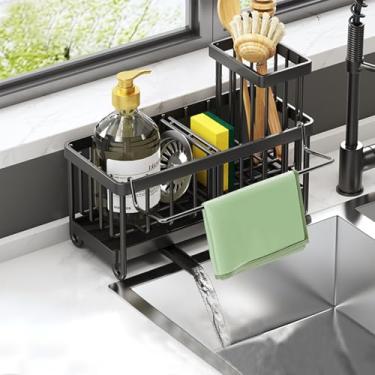 Imagem de EGUARTE Suporte de esponja preto para organizador de pia de cozinha com escova de prato e suporte de pano de louça, 304 inoxidável, organizadores de armazenamento de bancada, organizador de