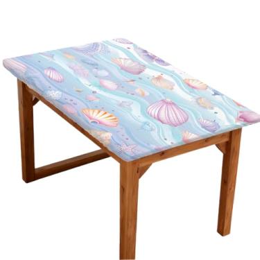 Imagem de Toalha de mesa retangular de 1,8 m com elástico e conchas do mar, linda toalha de mesa colorida, elástica, retangular, impermeável, lavável, protetor de mesa para piquenique, jantar, cozinha