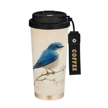 Imagem de SEHANY Caneca de café de viagem Blue Birds 482 g com tampa revestida de cerâmica e à prova de vazamento, parede dupla, isolada a vácuo, copo de aço inoxidável para bebidas quentes e frias