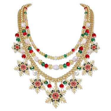 Imagem de HSWE Colar em camadas de Natal para mulheres, contas de argila douradas vermelhas e verdes, árvore de Natal, floco de neve, bengala doce, pirulito, boneco de neve, pingente de rena, colar gargantilha