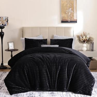 Imagem de weigelia Conjunto de cama King preto de lã de pelúcia ultramacia e preta, edredom de luxo fofo e quente com 2 fronhas, conjunto de cama quente e confortável para o inverno