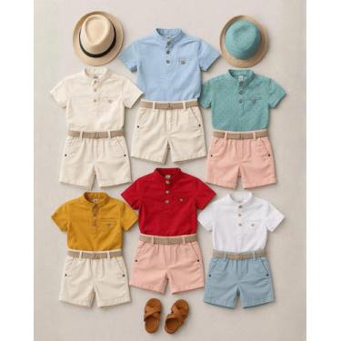 Imagem de Conjunto Infantil Menino Social 3 Peças Bata Gola Padre + Bermuda Linh