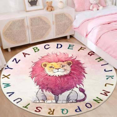 Imagem de Lacomfy Tapete de leão, 1,2 m, círculo, infantil, ABC, redondo, alfabeto, tapete de brincar, rosa, para quarto Gilrs, tapete educativo, macio, tapete de safári, animal para decoração de sala de jogos,