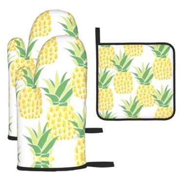 Imagem de Conjunto de cozinha essencial de 3 peças com estampa de abacaxi e contraído e de abacaxi, luvas seguras para calor, proteção para churrasco no forno, design de armazenamento suspenso.
