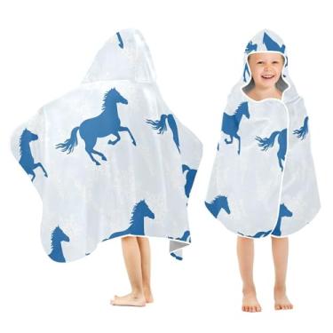 Imagem de Burbuja Blue Horses Toalha de banho com capuz para crianças, toalha de praia de pelúcia macia absorvente para meninas e meninos 3-10 anos, 61 x 127 cm