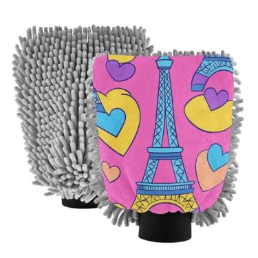 Imagem de STAYTOP Luvas de lavagem de carro Torre Eiffel com corações 2 peças, luvas de microfibra de chenille sem arranhões, panos de esponja de lavagem ultra absorventes para carros, limpeza doméstica - M