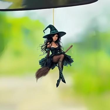 Imagem de Enfeite de bruxa gótica de acrílico - decoração de vassoura de Halloween com corda dourada para espelho de carro e casa (1 peça)/GJ-51