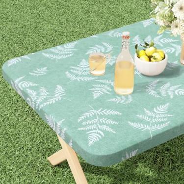 Imagem de misaya Toalha de mesa retangular de vinil, capa de mesa ajustada, 100% à prova d'água, borda elástica, toalha de mesa de plástico para mesas dobráveis para piquenique, acampamento, ao ar livre (folhas