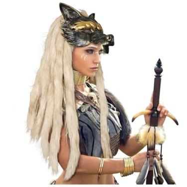 Imagem de L'VOW Máscara de lobo de pele viking lobisomem cosplay acessório bárbaro para mulheres homens Halloween LARP, Dourado, marrom, tamanho �nico