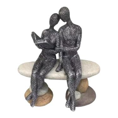 Imagem de XLWLLNJ Estátua de Casal Lendo, Figura de Mesa, Presente, Escritório, Estatueta de Pensador, Escultura de Arte em Resina para Armário, Preto Bege