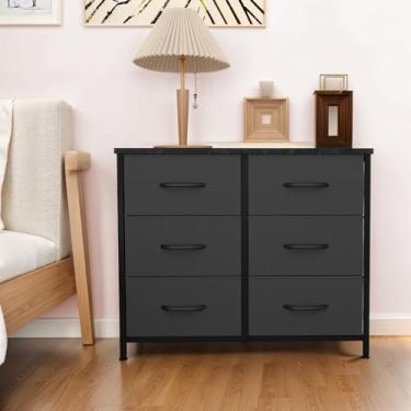 Imagem de Parcus Cômoda para quarto com 6 gavetas, cômoda larga de tecido, torre organizadora de armazenamento com tampo de madeira e moldura de metal para armário, sala de estar, corredor (ébano preto)