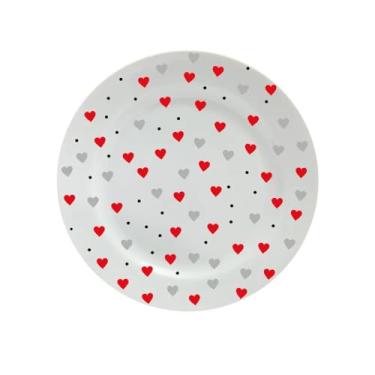 Imagem de Prato de Porcelana Decorativo com Corações, Branco, 11cm de Diâmetro, Padrão de Corações Vermelhos e Cinzas, para Refeições Diárias e Ocasiões Especiais