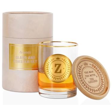 Imagem de Copo de uísque personalizado com porta-copos para homens, presentes de álcool personalizados para amantes de uísque, presentes de aniversário exclusivos, presentes de Natal para ele, pai, tio, Z