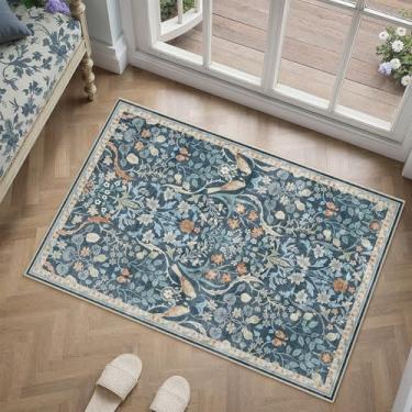 Imagem de WondRg Tapete floral lavável 5 x 7 cm para sala de estar, azul claro, antiderrapante, macio, vintage, camada baixa, resistente a manchas, capacho tradicional, entrada, sala de jantar, lavanderia
