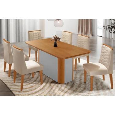 Imagem de Sala Jantar Mesa Pietá Tampo Curvo 180cm+6 Cadeiras Maldivas Madeira Naturale/Off White - Capuccino/Suede Creme - Rufato