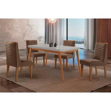 Imagem de Sala Jantar Mesa Havana Tampo c/ Vidro Curvo 120cm+4 Cadeiras Dafne Madeira Naturale/Off White - Capuccino/Suede Marrom - Rufato