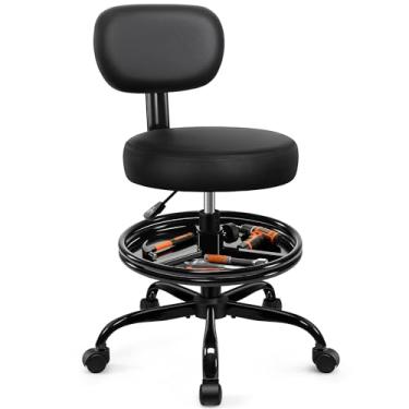 Imagem de Banco de loja com rodas para garagem, cadeira de rodinhas mecânica com encosto, banco de garagem resistente de altura ajustável com apoio para os pés e bandeja de armazenamento, cadeira giratória para