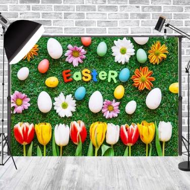Imagem de Art_Angels Pano de fundo 20 x 15 m Feliz Páscoa fundo fotográfico primavera festa fundo verde prado tulipa flores coloridas ovos de Páscoa chá de bebê decoração de festa foto vídeo estúdio adereços