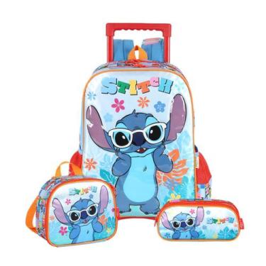 Imagem de Kit Stitch Mochila Rodinhas Lancheira E Estojo Duplo Escolar, Azul