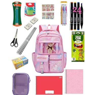 Imagem de Kit Escolar Ursinho Infantil Feminino Completo Ensino Fundamental Mochila 5 Divisórias Estojo Cadernos Canetinhas Touch Tinta Guache Material Escolar