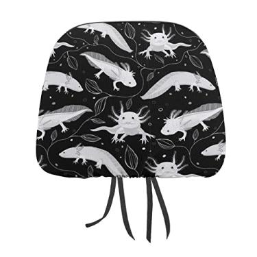 Imagem de Axolotls brancos sem costura, folhas de algas no escuro 2 peças capas protetoras de encosto de cabeça para assento de carro universal, capa macia para encosto de cabeça de carro, acessórios de