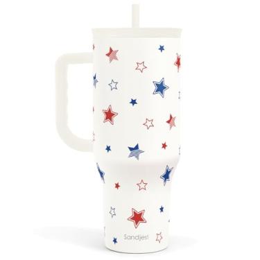Imagem de SANDJEST Caneca de café de viagem com bandeira americana de 1,134 g com alça e canudo, caneca de café de viagem de aço inoxidável isolada para mulheres e meninas, ideia de presente para aniversário