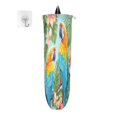 Imagem de Papagaios em folhas de palmeira e flores, 2 unidades, dispensador de sacolas de supermercado, suporte para sacolas plásticas, suporte de plástico para sacolas de supermercado