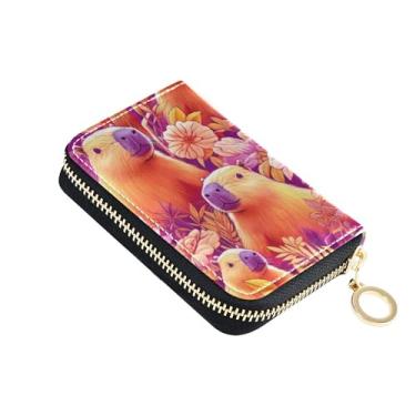 Imagem de Porta-cartão de crédito com bloqueio de RFID, pequena carteira feminina de couro com zíper e chaveiro desenho animado fofo capivaras floral