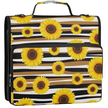 Imagem de Organizador de fichários amarelos girassóis marrons com zíper 3 1/2 polegadas, 3 anéis, bolsa de fichário com alça para armazenamento escolar, pasta de portfólio com alça, 34,5 x 31,5 x 9 cm