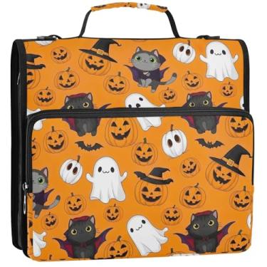 Imagem de Organizador de fichário com zíper, gatos fofos, abóboras, laranja, 3 anéis, 3 anéis, fichários grandes com alça, bolsa de ensino médio, estojo portfólio com alça, 34,5 x 31,5 x 9 cm