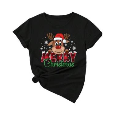 Imagem de Camisetas Femininas Vermelhas Com Estampa De Rena Feliz Natal Casual M