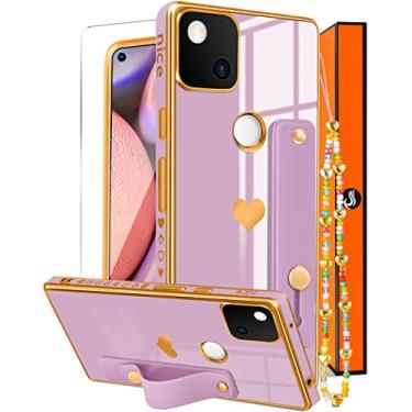 Imagem de Likiyami (3 em 1 para Google Pixel 4A Capa Coração para Mulheres Meninas Meninas Bonito Luxo Bonito Estética com Suporte Capas de Telefone Roxo e Banhado a Ouro Capa de Corações do Amor + Tela + Corrente para Google Pixel 4A 5,8 polegadas