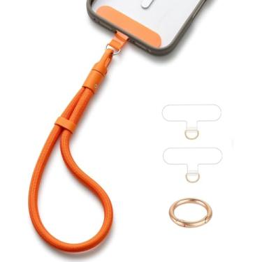 Imagem de Alça de pulso para telefone com alça de mão universal ajustável para celular com 3 adesivos para iPhone 16 Pro Max 15 pingentes para chaveiro USB Flash Drive carteira ID nome etiqueta laranja