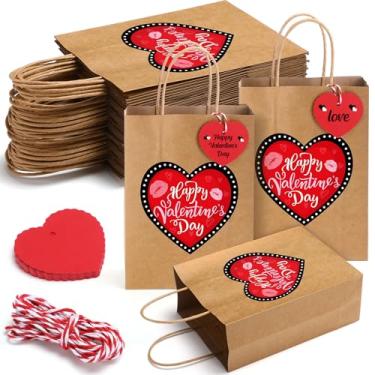 Imagem de Pajean 24 peças de sacos de presente de dia dos namorados com alças e etiquetas, sacos de papel kraft feliz dia dos namorados coração vermelho amor guloseimas doces embrulho de presente para